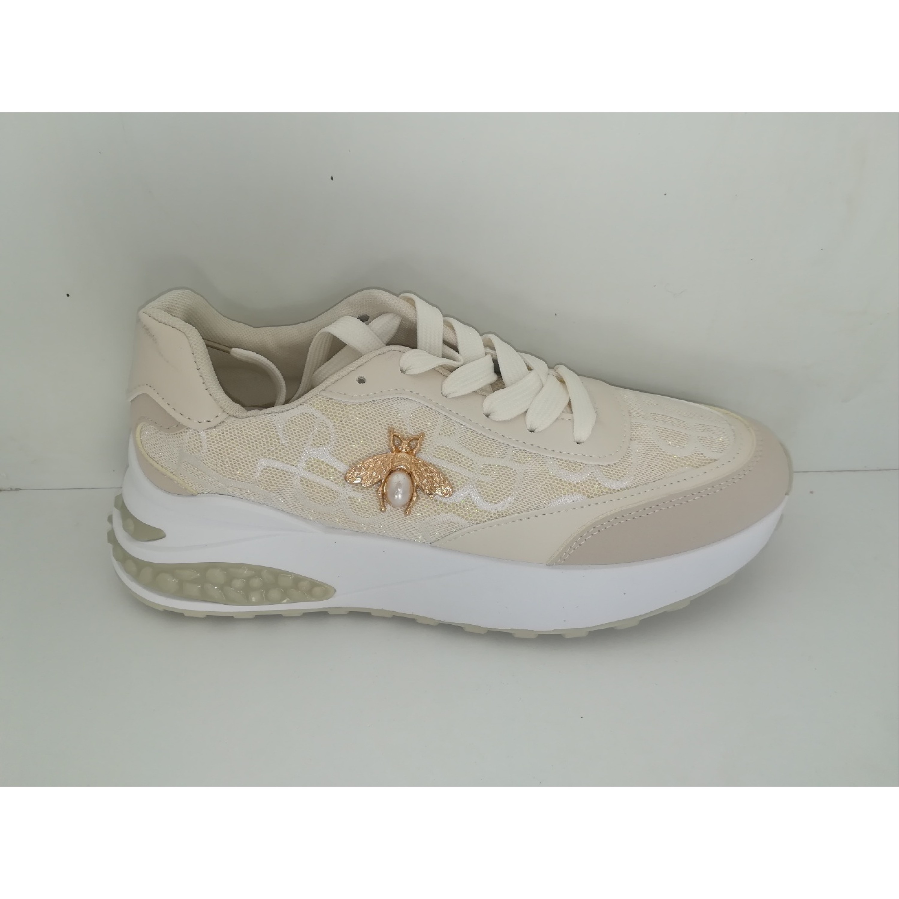 Olympic Stores LY481 Γυναικεία Sneakers Μπεζ με μεταλλική διακόσμηση και δίχτυ