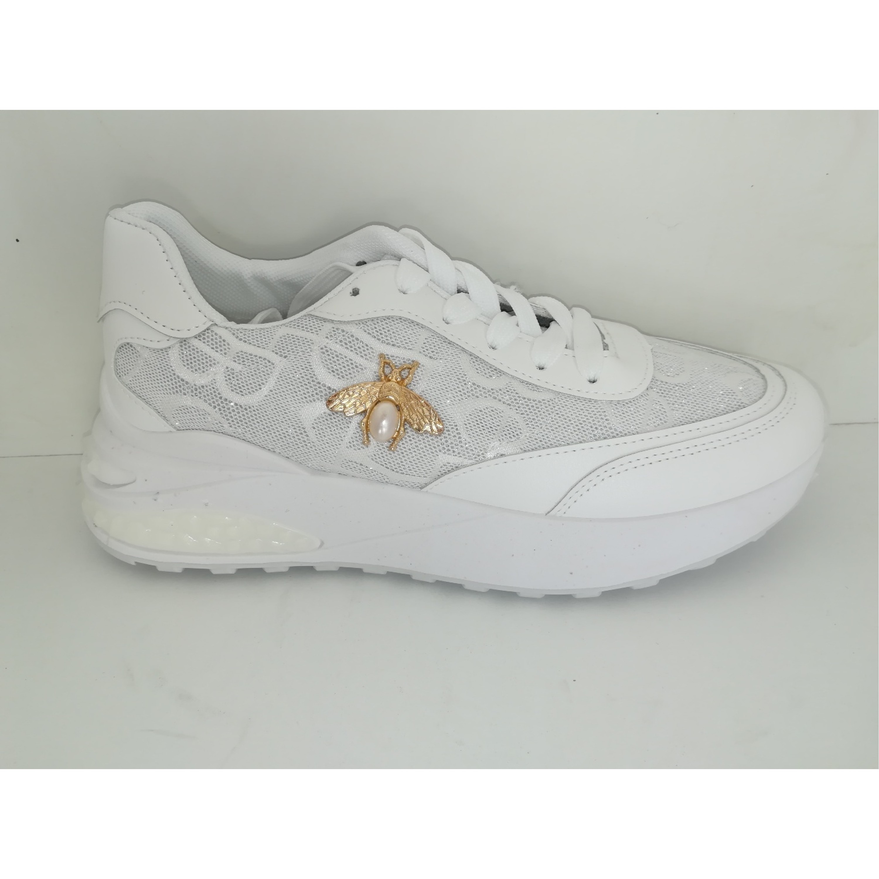 Olympic Stores LY481 Γυναικεία Sneakers Λευκά με μεταλλική διακόσμηση και δίχτυ