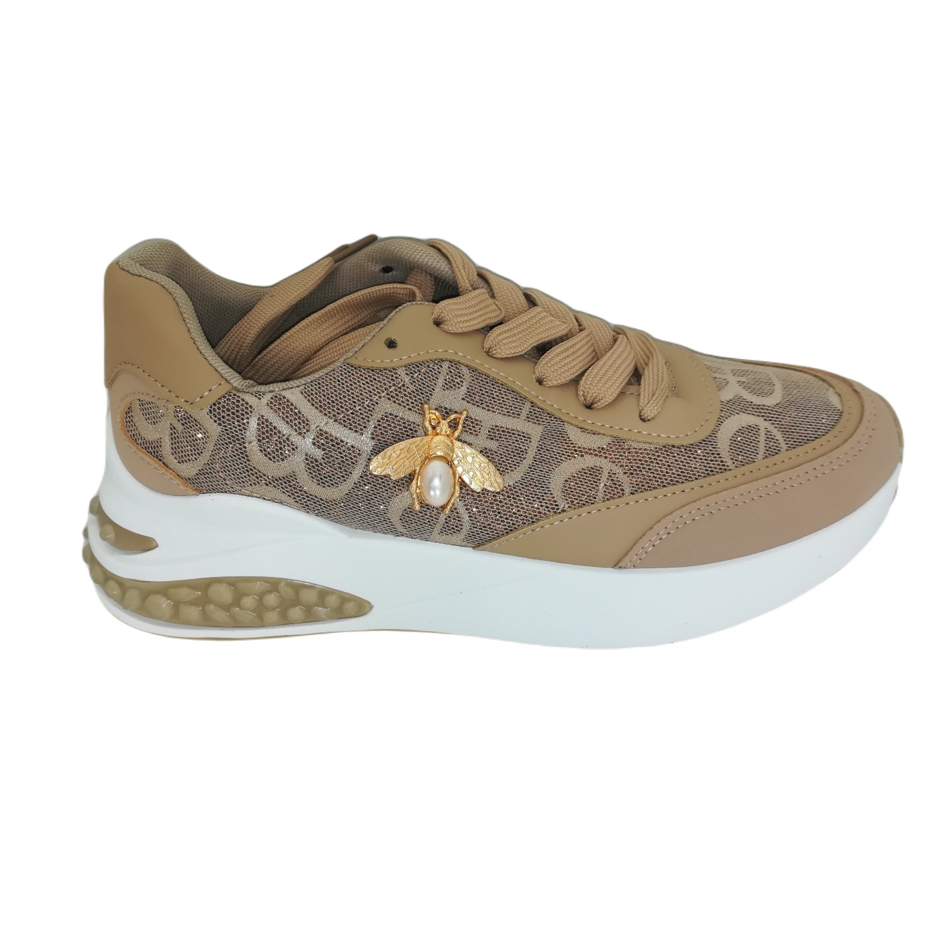 Olympic Stores LY481 Γυναικεία Sneakers Καφέ με μεταλλική διακόσμηση και δίχτυ